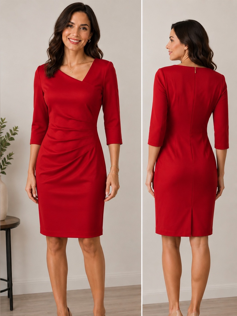 Donna Karan New York Red Asymmetrical Neck Pleated Sheath Dress Size 6